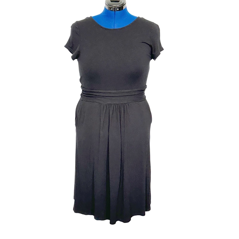 Boden Dress Short Sleeve Ruched Waist‎ Pockets Size 10 Black Jersey Midi Casual